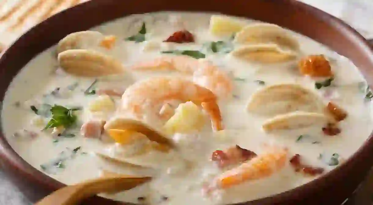 New England clam chowder soup macro on the table.