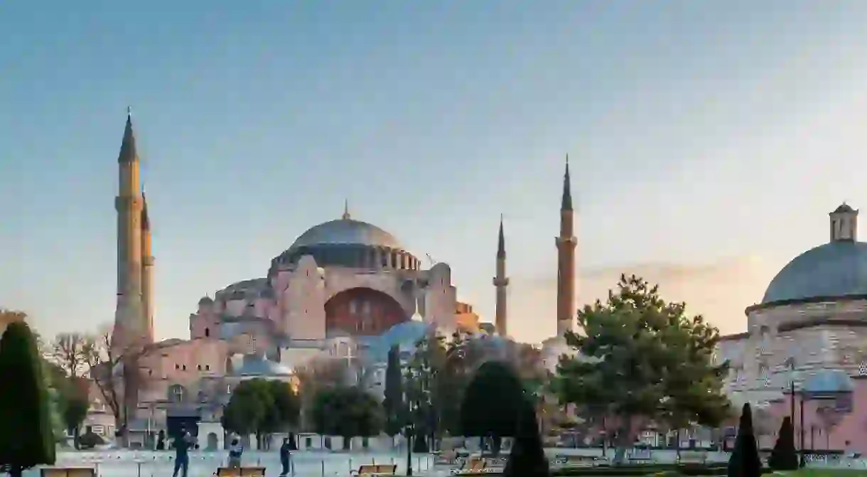 Hagia Sophia in Istanbul looking resplendent under the warm glow of winter sunshine