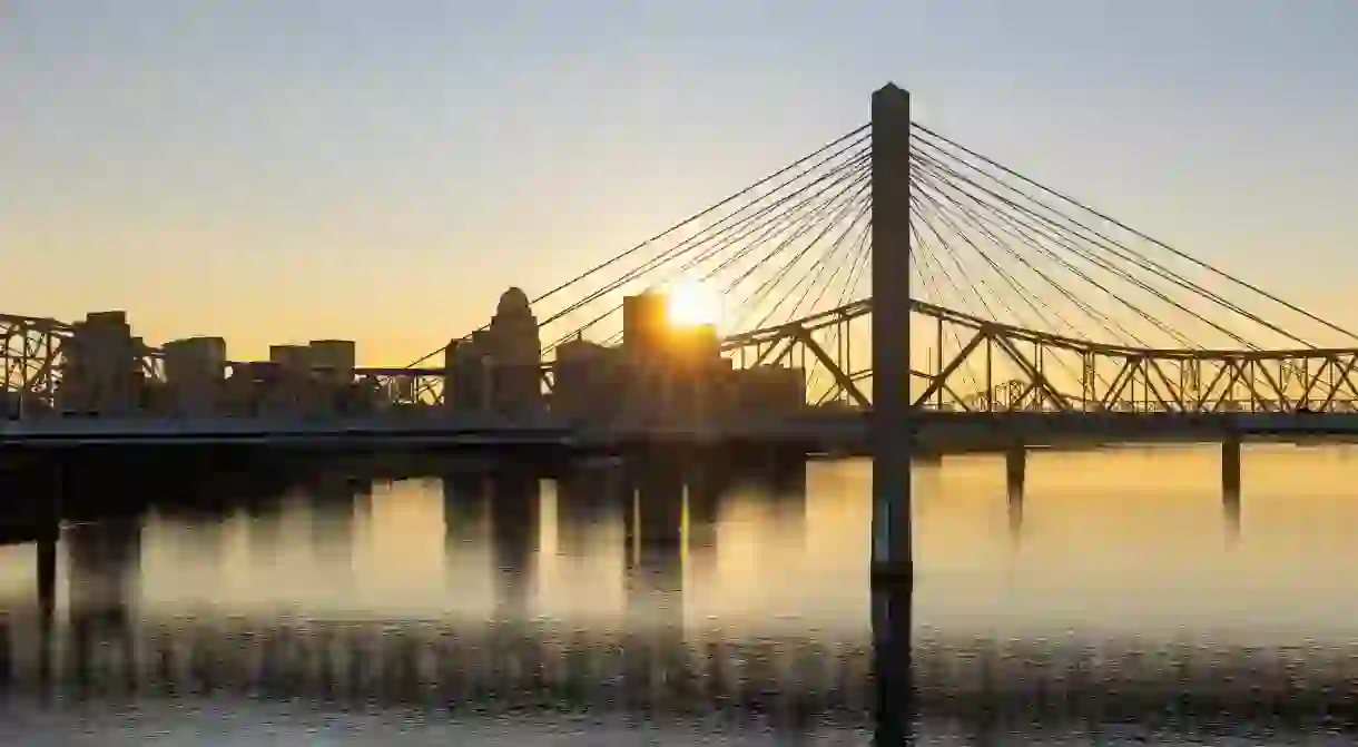 Sunset over downtown Louisville, Kentucky as seen from the Ohio River.