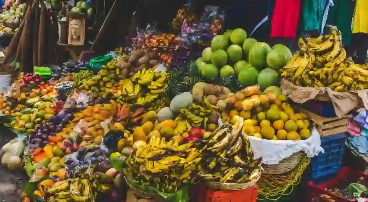 Fresh fruits and vegetables in a market in Antigua Guatemala, Guatemala