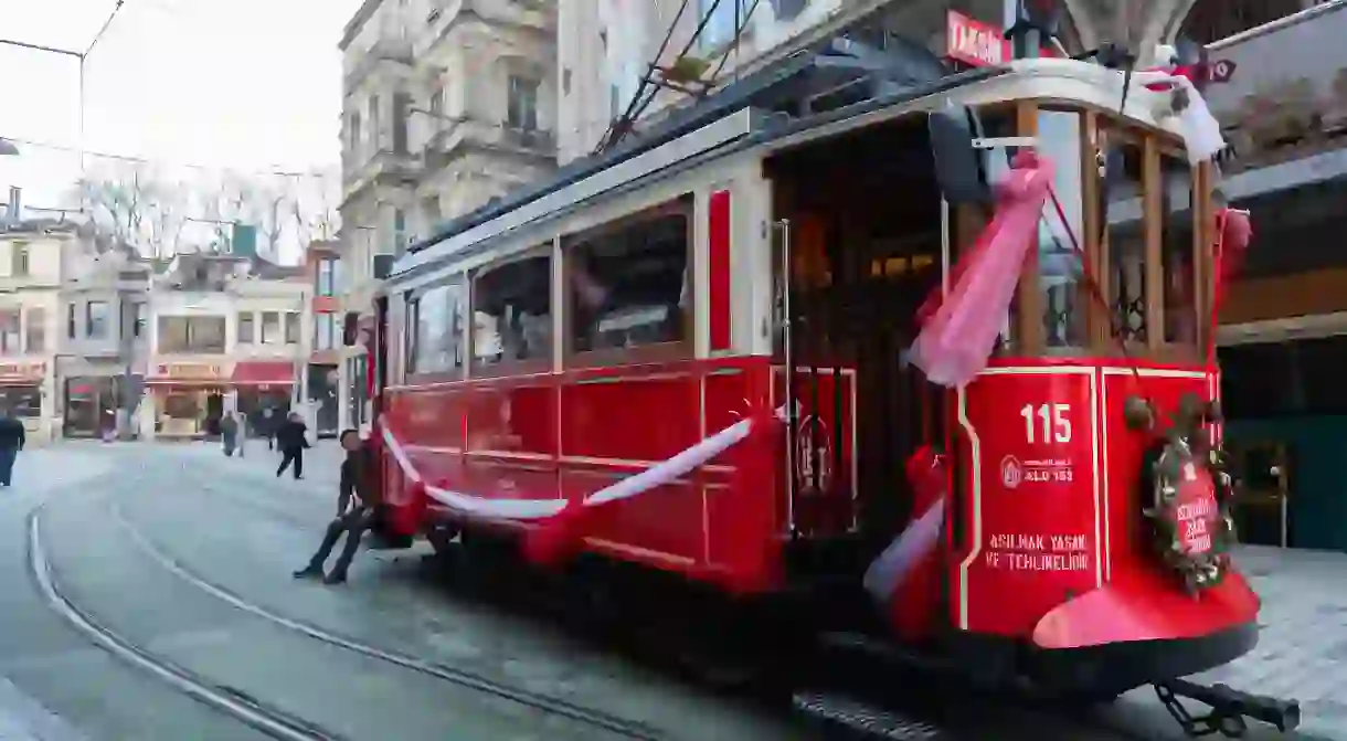 The iconic red tram at Istiklal Street in Istanbul