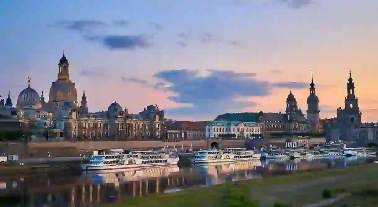 Historical city center with steam boats on the Elbe river. Dresden, Germany