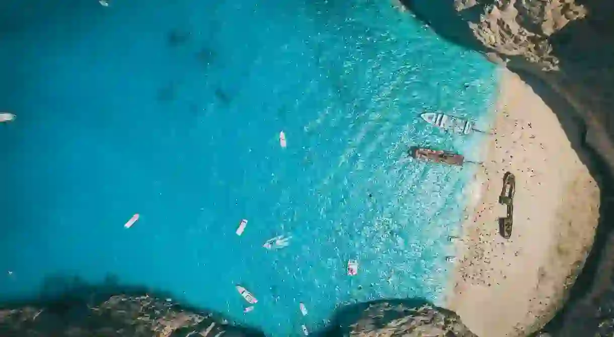 Aerial drone view of the iconic beach of Navagio on Zakynthos island, Greece