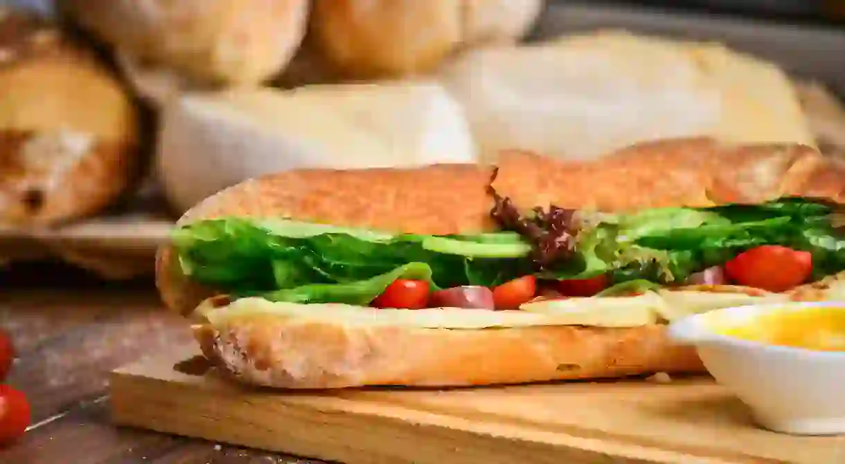 Caprese sandwich in a fresh baguette