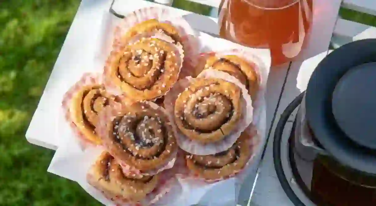 A Swedish fika tray with cinnamon buns