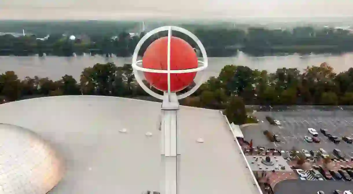 Drone shot of Basketball Hall of Fame basketball structure and parking lot in Springfield, MA