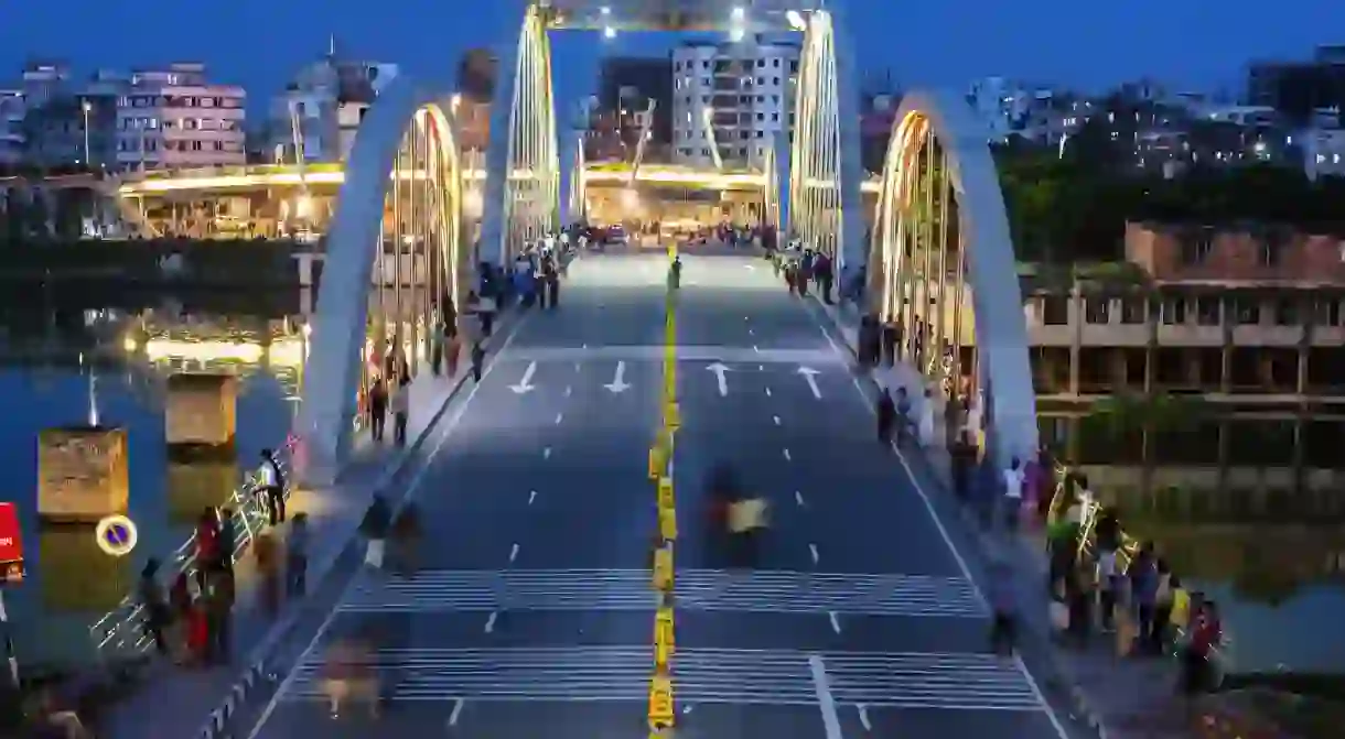 Hatirjheel Lake Bridge at dusk; Dhaka, Bangladesh