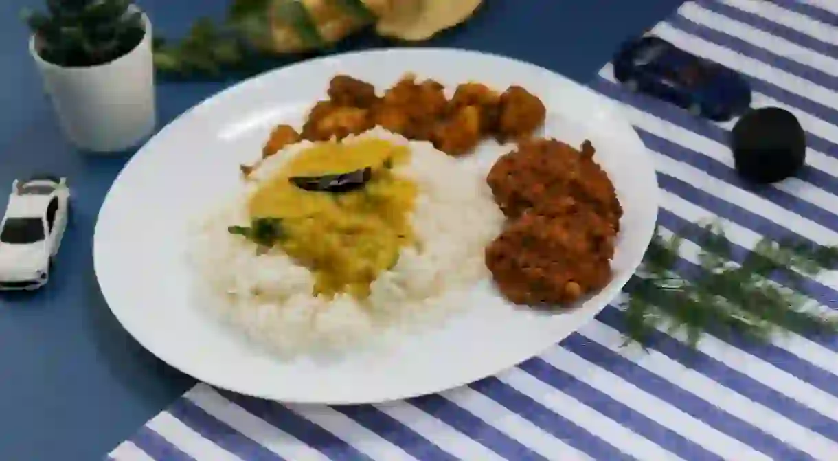 A plate of Indian food as served in Tamil Nadu