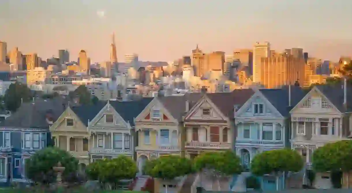 A setting moon above the famous Painted Ladies... adding even more beauty to this breathtaking San Francisco view.