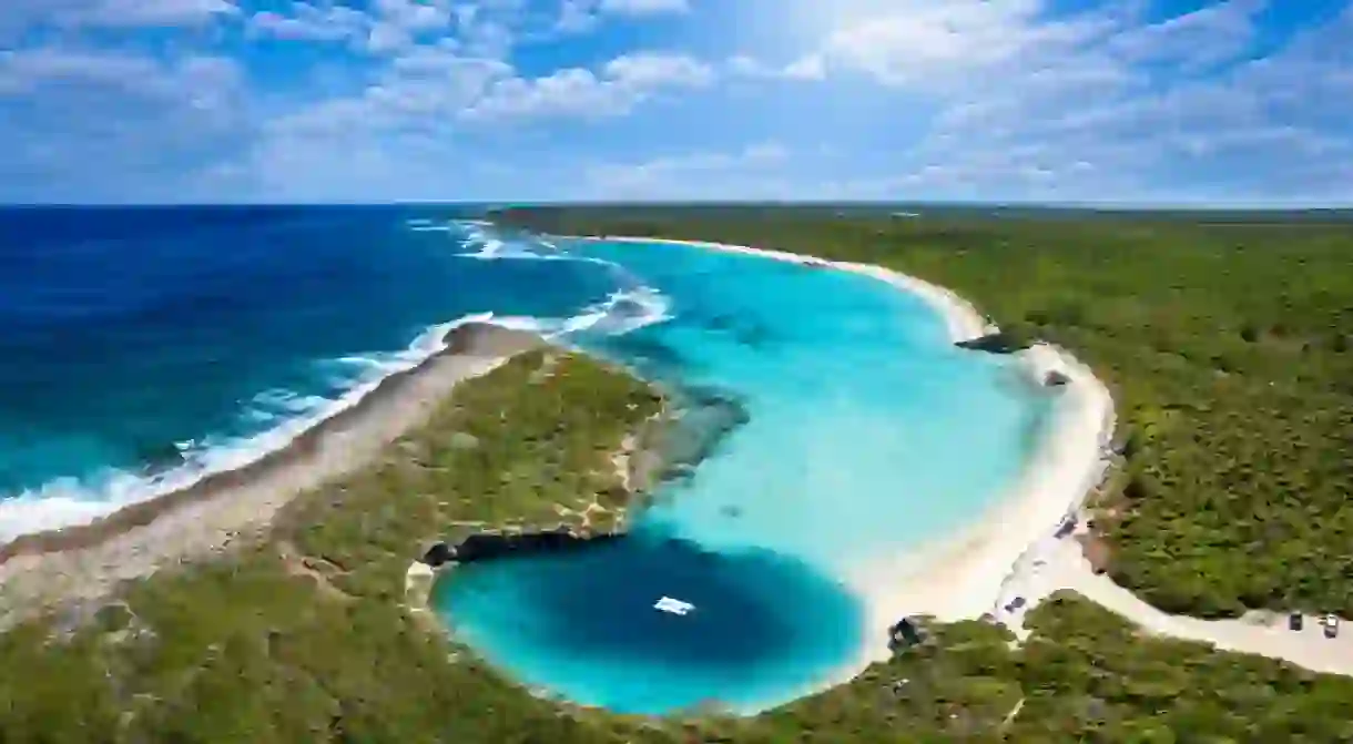 Panoramic Aerial View To Deans Blue Hole With The Connecting