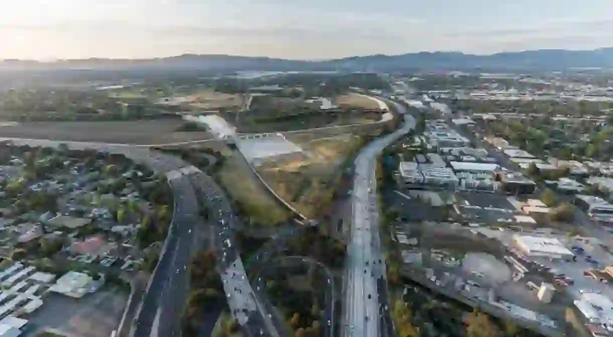 Aerial view of the Ventura 101 and San Diego 405 Freeways at the Sepulveda Basin in the San Fernando Valley area of Los Angeles, California.