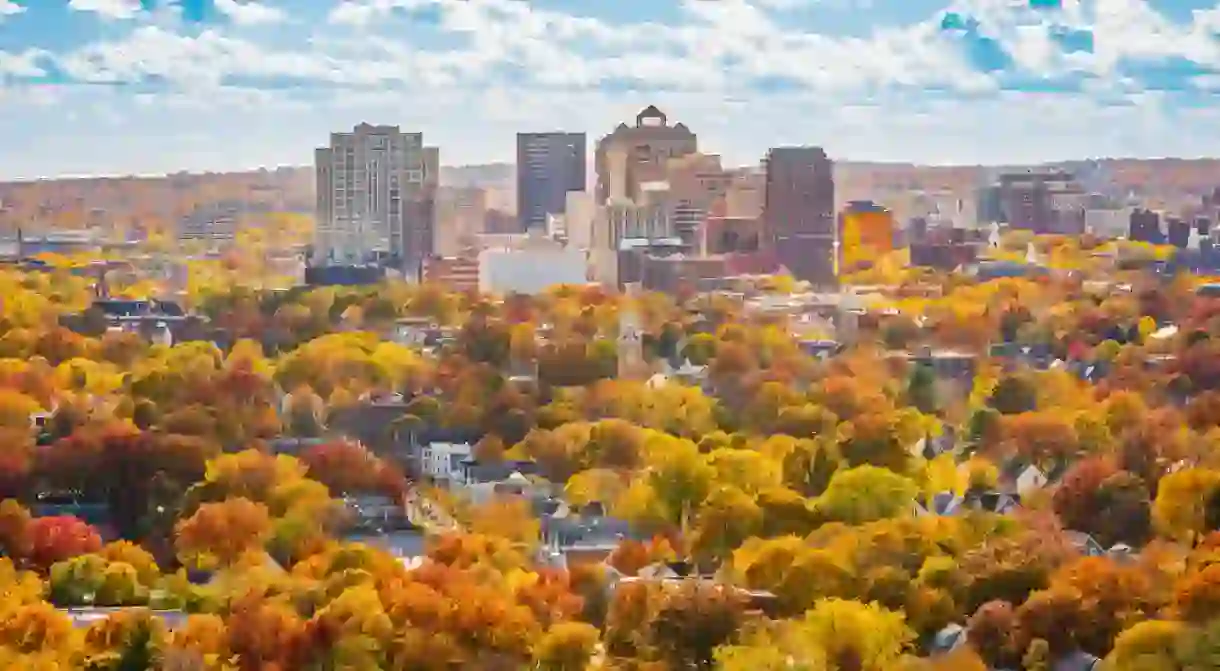 Beautiful fall views of New Haven and Yale University from the summit of East Rock Park