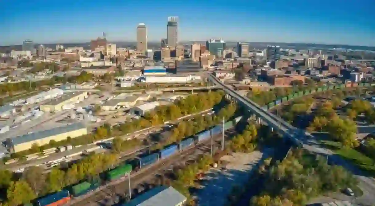 Aerial View of Downtown Omaha, Nebraska in Autumn