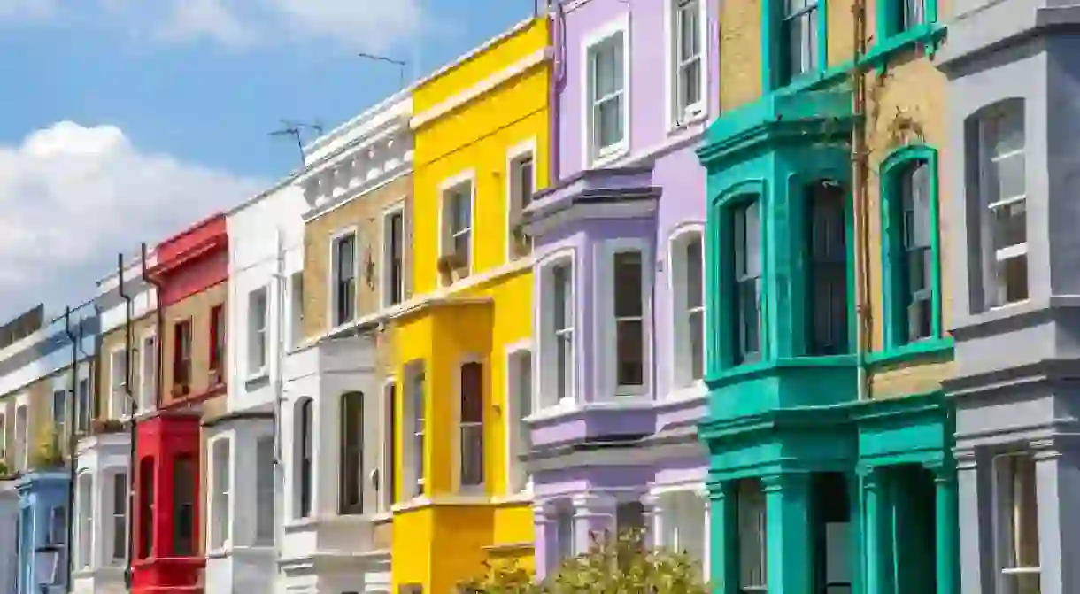 Beautiful facades of different colours in the Notting Hill area of London, UK.