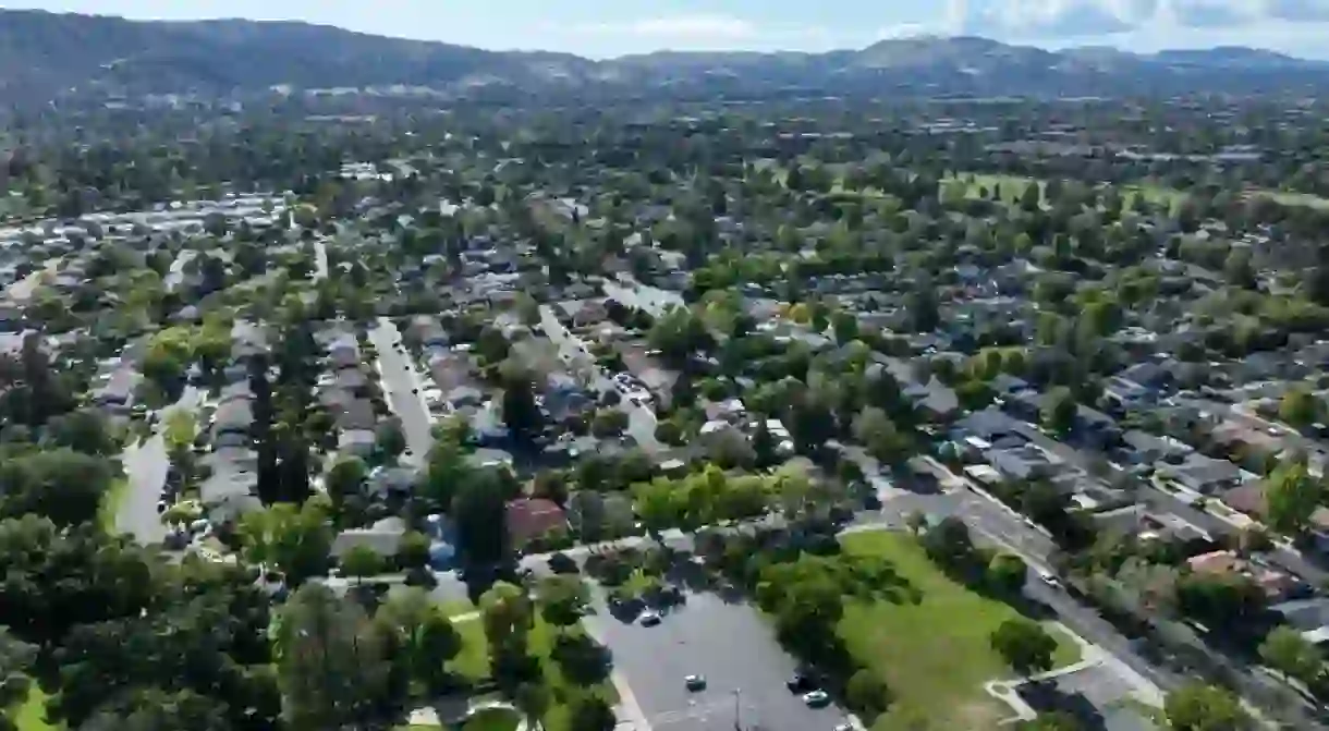 An aerial shot of the city of Pleasanton in California, United States