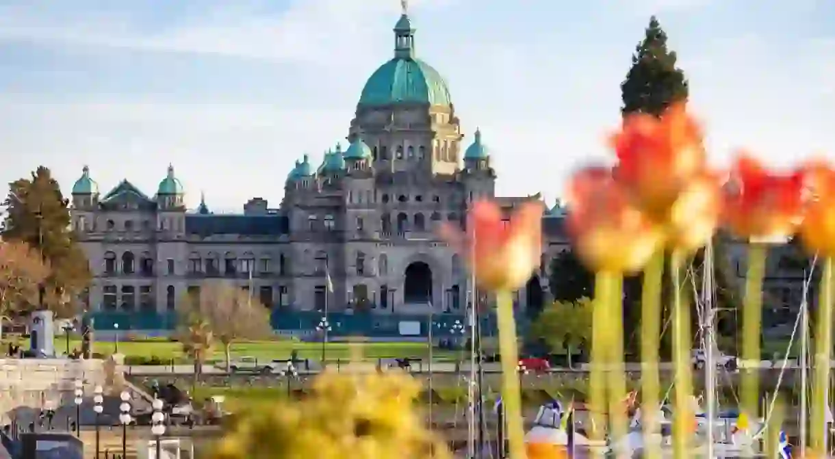 Legislative Assembly of British Columbia in the Capital City during a sunny day. Downtown Victoria, Vancouver Island, BC, Canada. Sunset