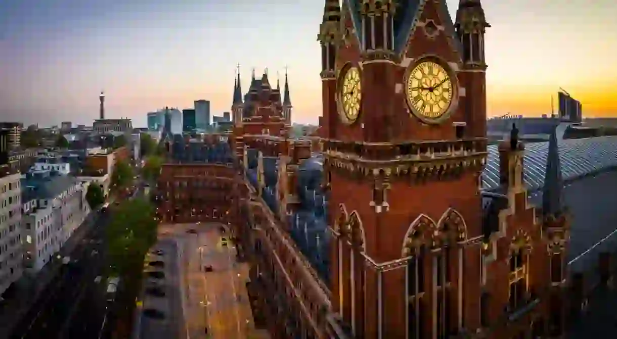 Aerial view of St Pancras and Kings Cross train stations in London, England