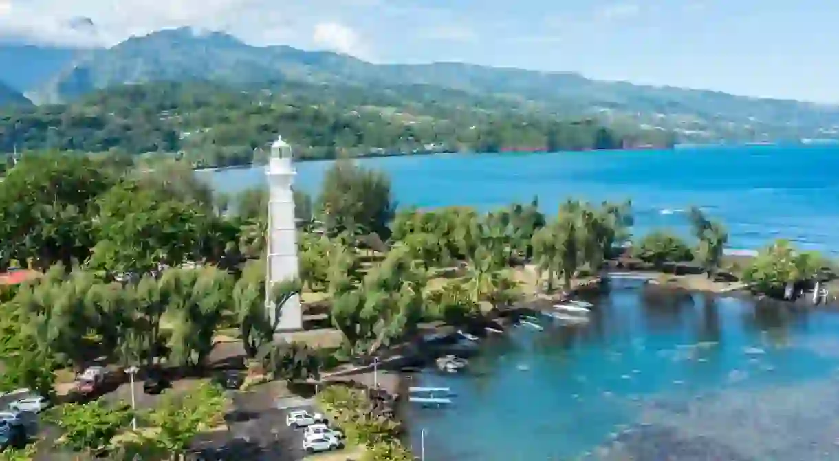 Venus Point beach and lighthouse, in Mahina, Tahiti.