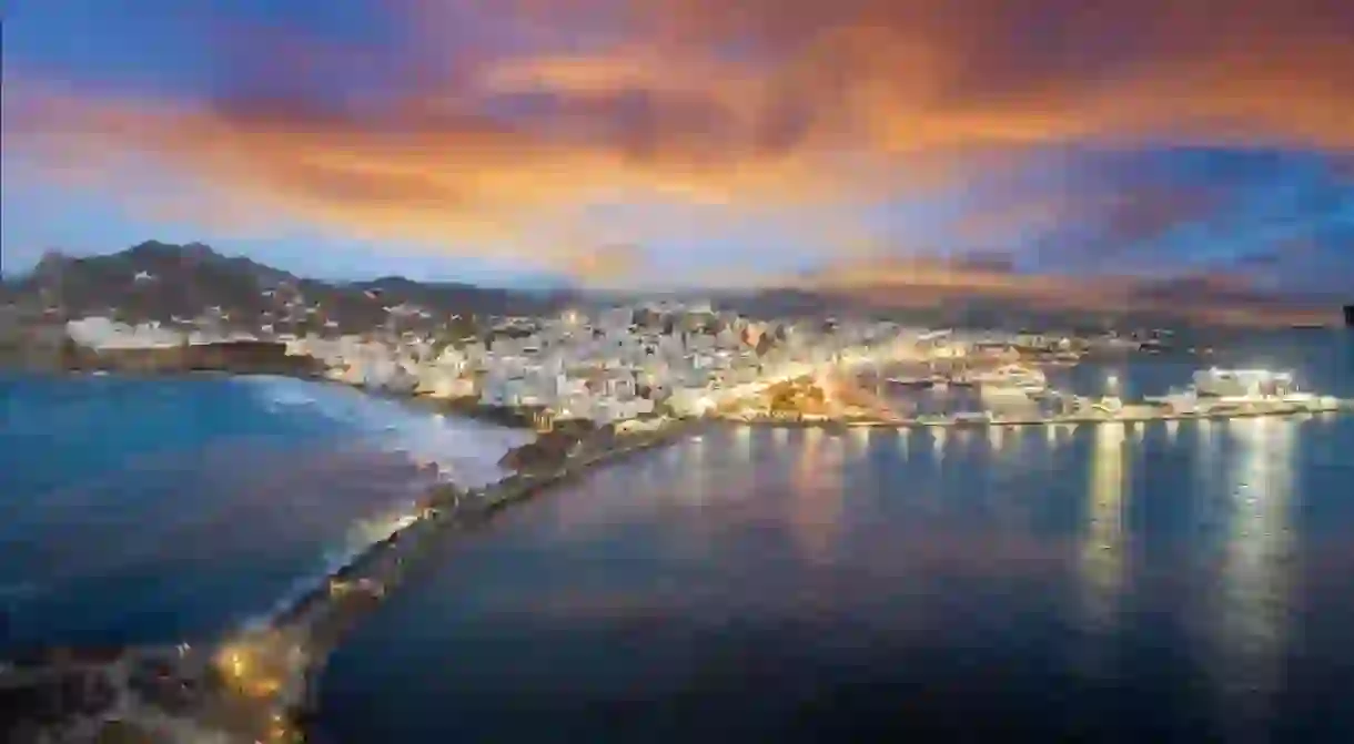 Panorama of Naxos Chora town at night, Naxos island, Greece Cyclades