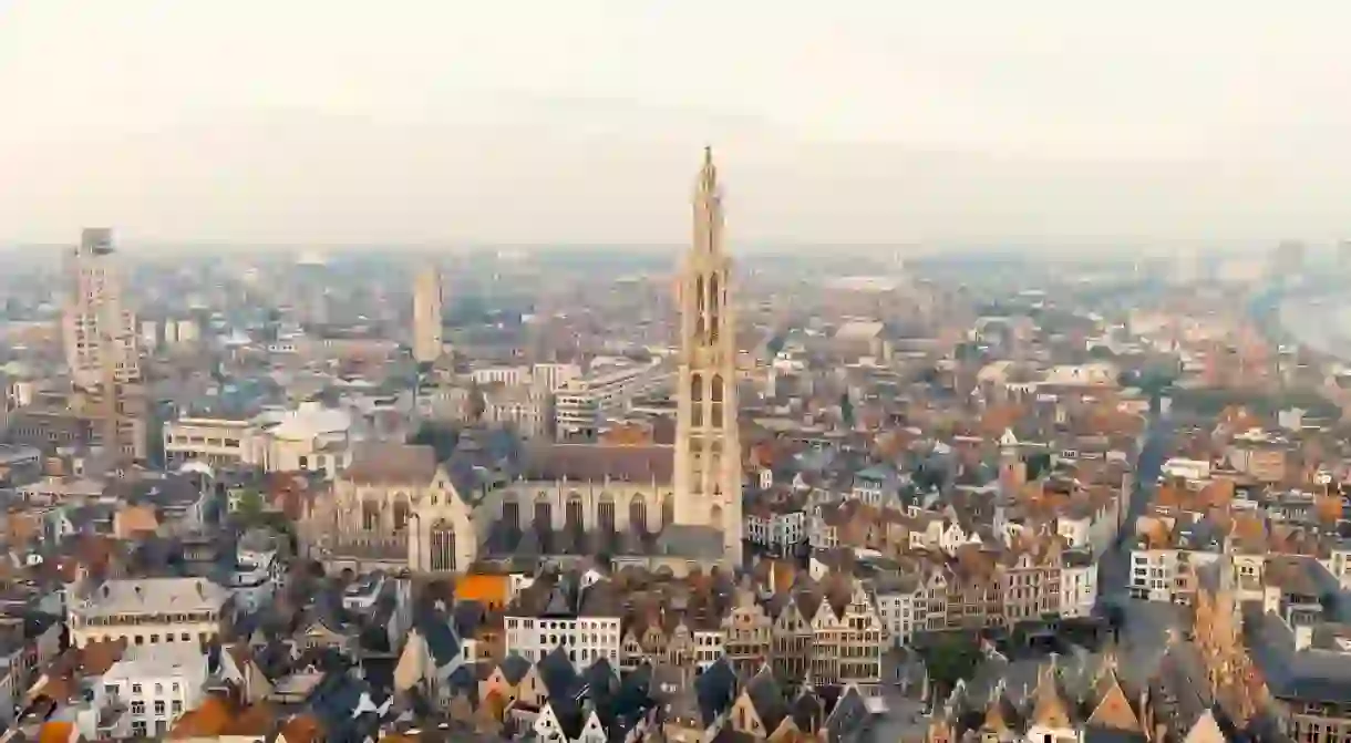 Antwerp, Belgium. Spire with the clock of the Cathedral of Our Lady (Antwerp). Historical center of Antwerp.