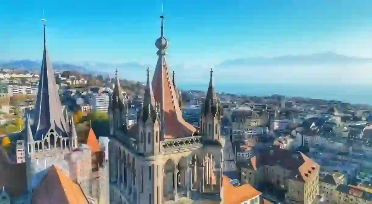 An aerial shot of the Lausanne Cathedral in Lausanne, Switzerland.