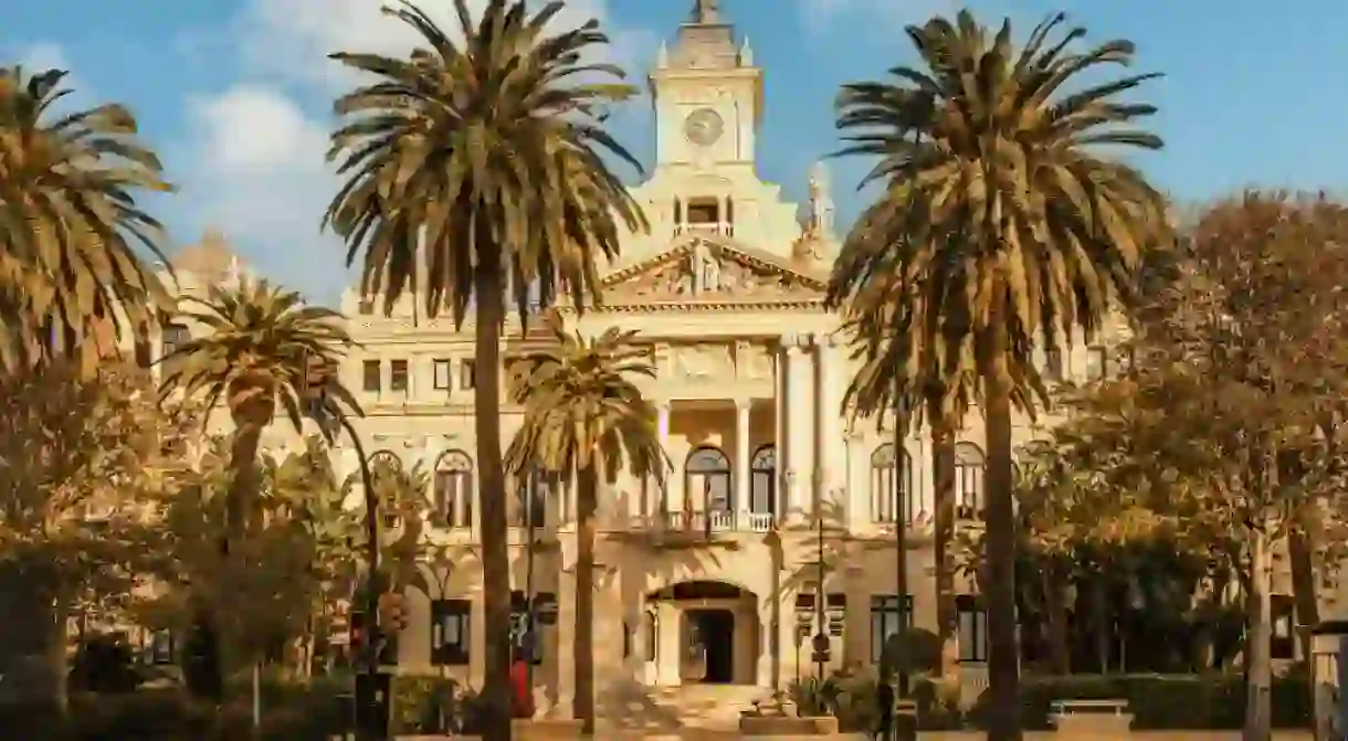 Malaga City Hall (Casa Consistorial de Malaga), also known as La Casona del Parque (Mansion of the Park), Malaga, Spain. Inaugurated in 1919, it is a Baroque Revival building.