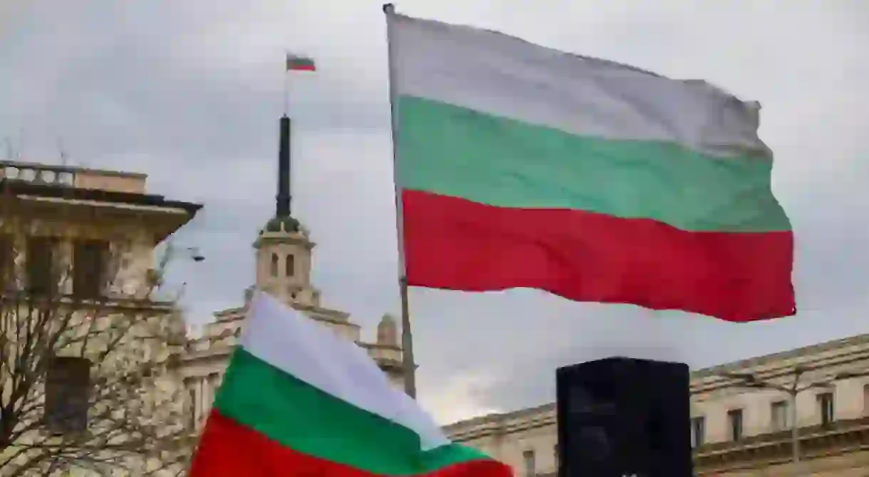 Sofia, Bulgaria. MAR24,2024. Crowds carrying Bulgarian flags rally in parks of the capital Sofia