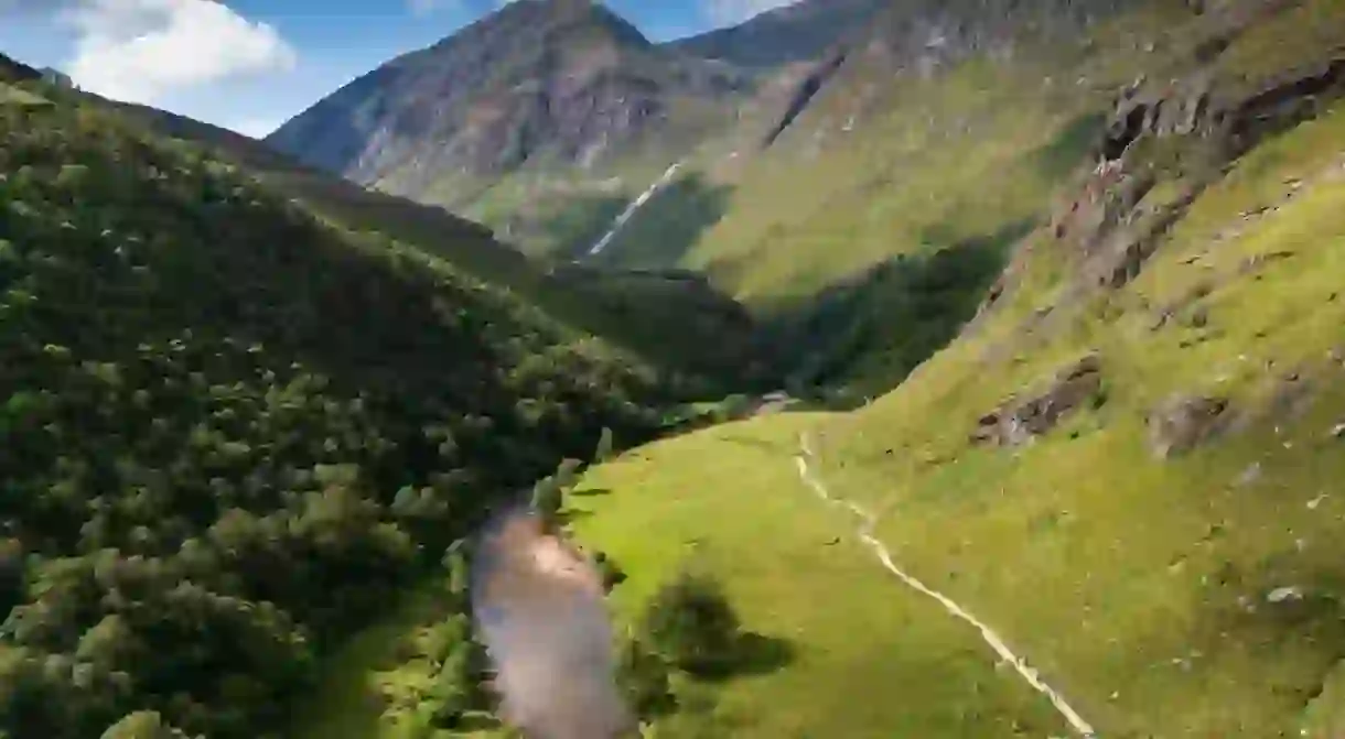 Aerial view of Water of Nevis river near Steall waterfall on Ben Nevis mountain, Scottish Highlands