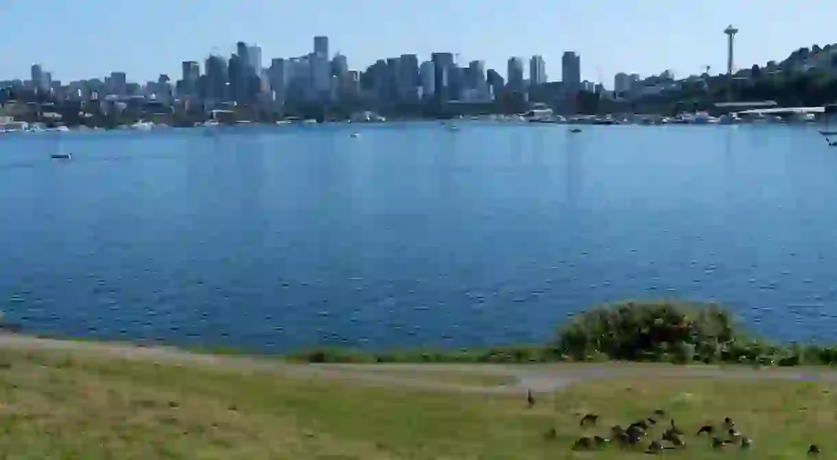 Seattle, WA, United States - June 15, 2023: View of the Seattle skyline from Gas Works Park in Seattle, WA, United States.