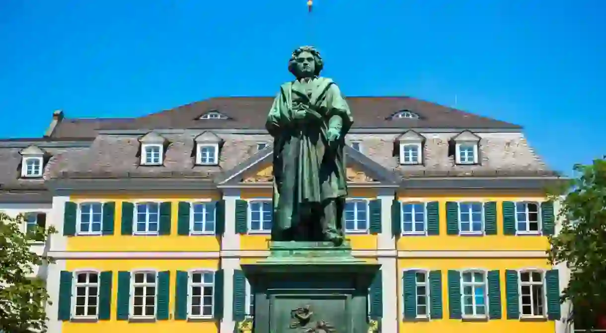 BONN, GERMANY - JUNE 29, 2018: Ludwig van Beethoven monument and post office in the centre of Bonn city in Germany