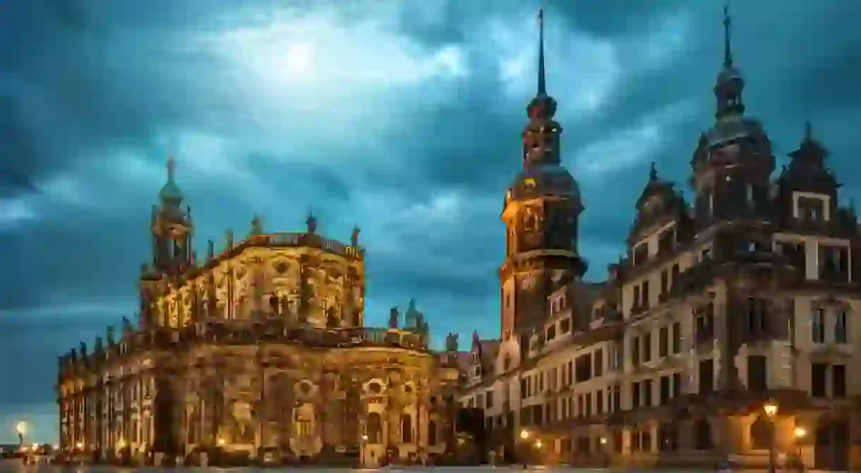 Dresden Hofkirche, Hausmannsturm Dresden Castle (Residenzschloss). Evening, Panoramic view. Dresden, Saxony, Germany.