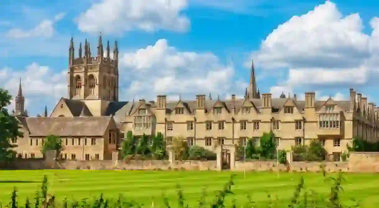 View to Merton College of Oxford University from the meadow. Oxford, England