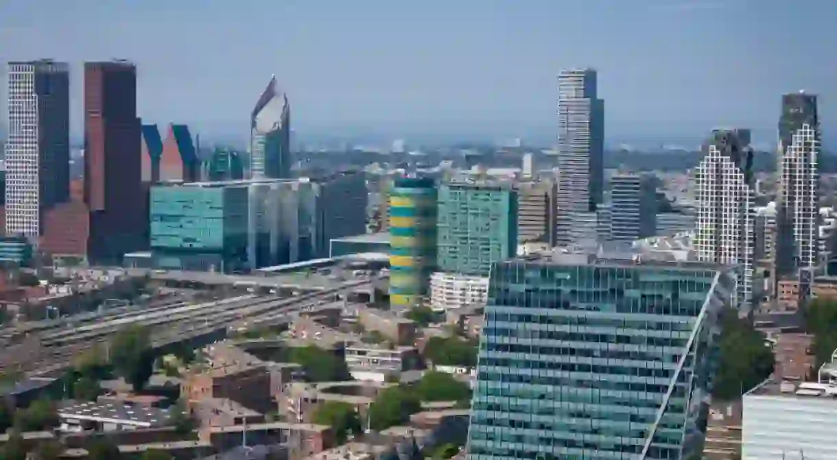 Aerial drone photo of the skyline of The Hague, in the Netherlands. Large skyscrapers are forming the business district in The hague with the Central Station in the front.