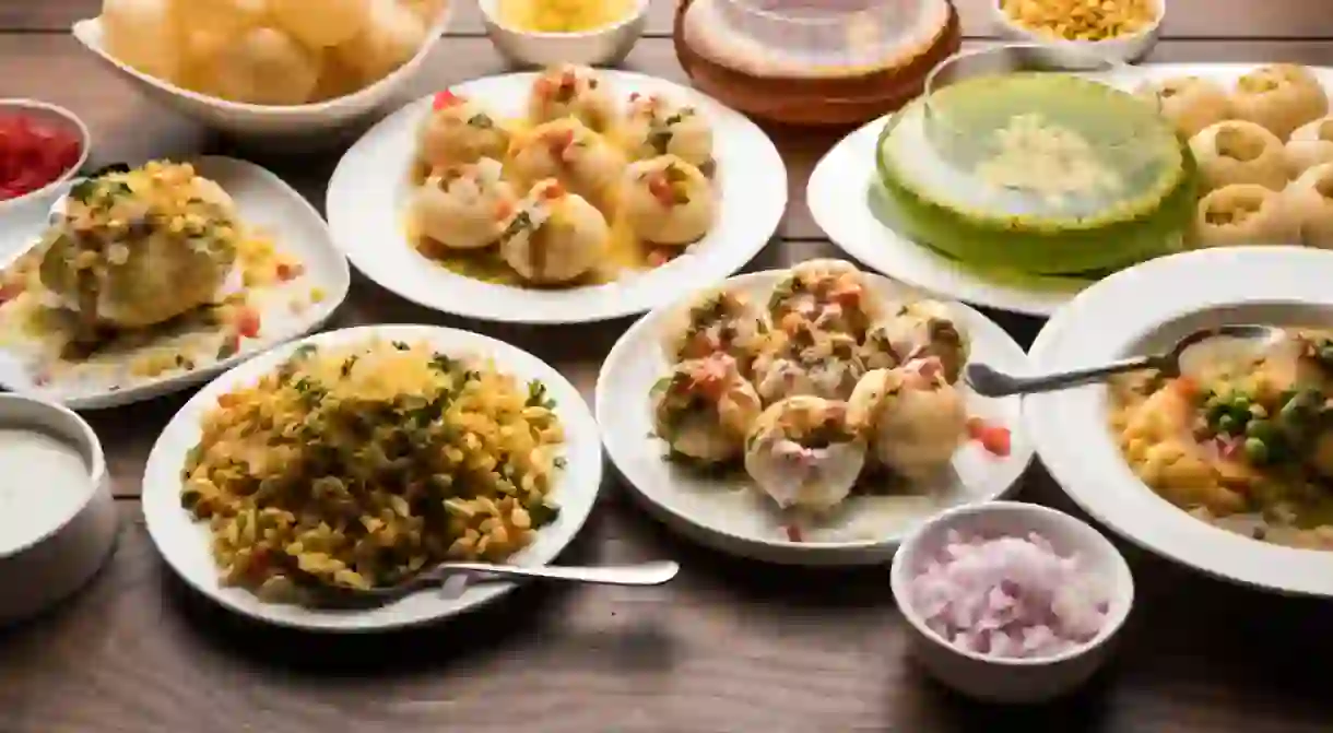 group of Bombay chat food includes golgappa/panipuri, bhel-puri, sev-poori, dahipuri, Ragda pattice, raj kachori etc. selective focus