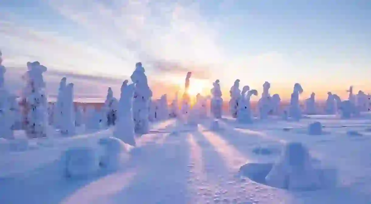 Winter wonderland in Finnish Lapland. Winter landscape from Riisitunturi National Park, Posio, Finland