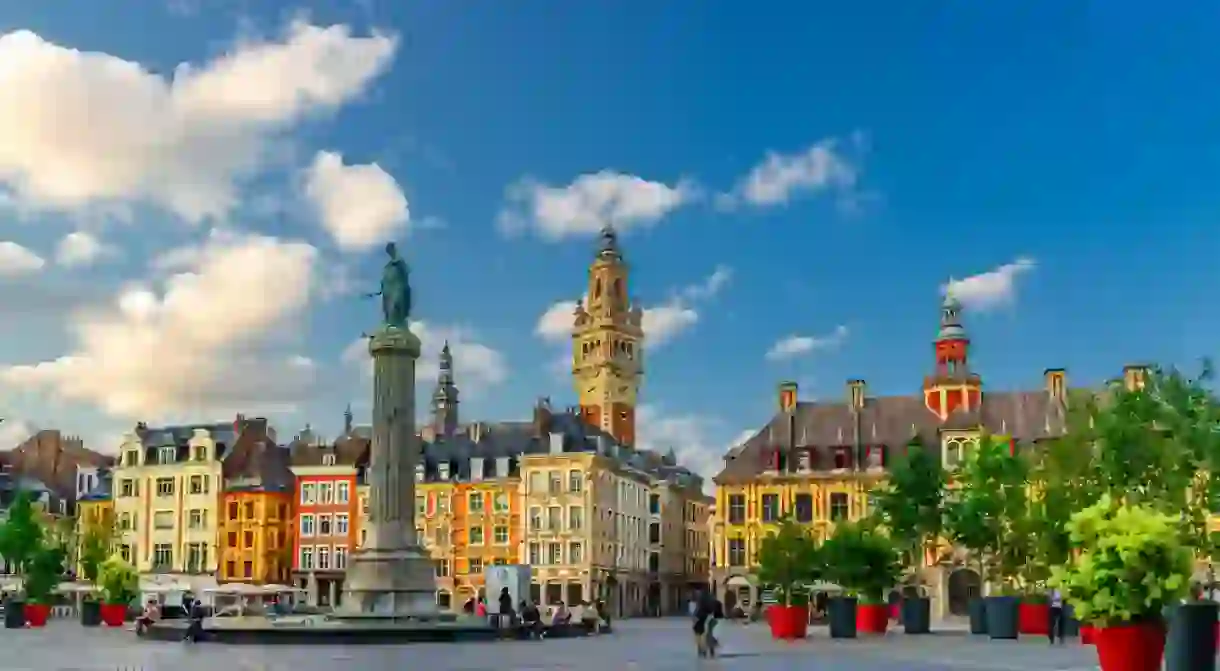 Lille old town, La Grand Place square in city center, historical monument Flemish mannerist architecture style buildings, Column of Goddess, Vieille Bourse, French Flanders, Nord department, France