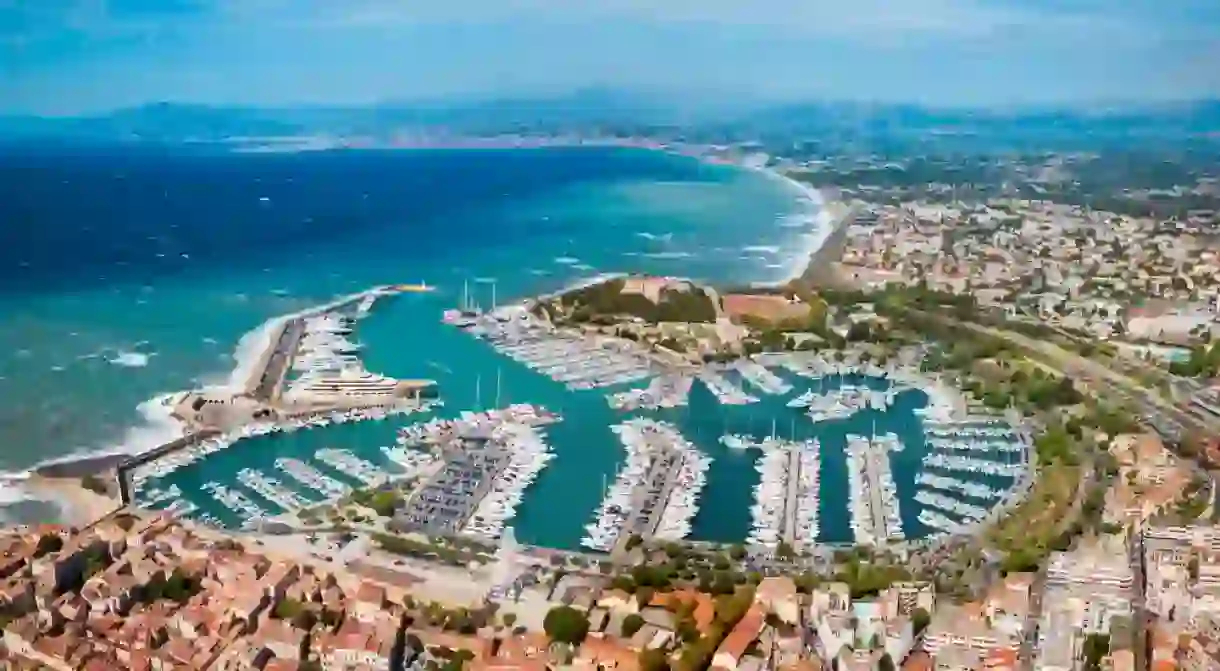 Antibes port aerial panoramic view. Antibes is a city located on the French Riviera or Cote dAzur in France.