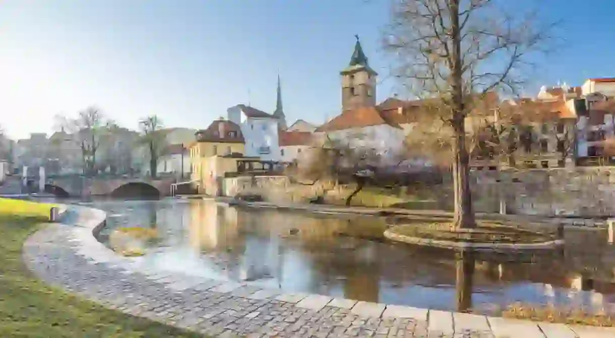 Pilsen town, City park the Mill Race (in Czech Mlynska strouha), also known as Pilsens Venice, relaxing area in centre of town, Czech Republic, Europe.