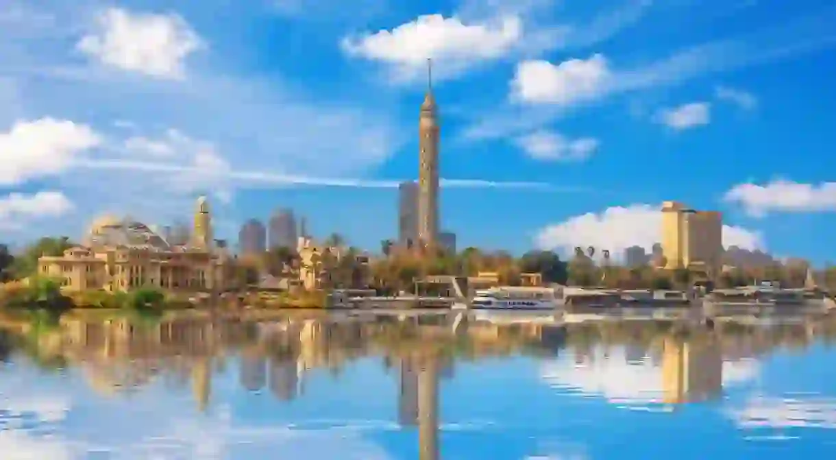 View on the Cairo Tower at cloudy day, Gezira island in the Nile, Egypt