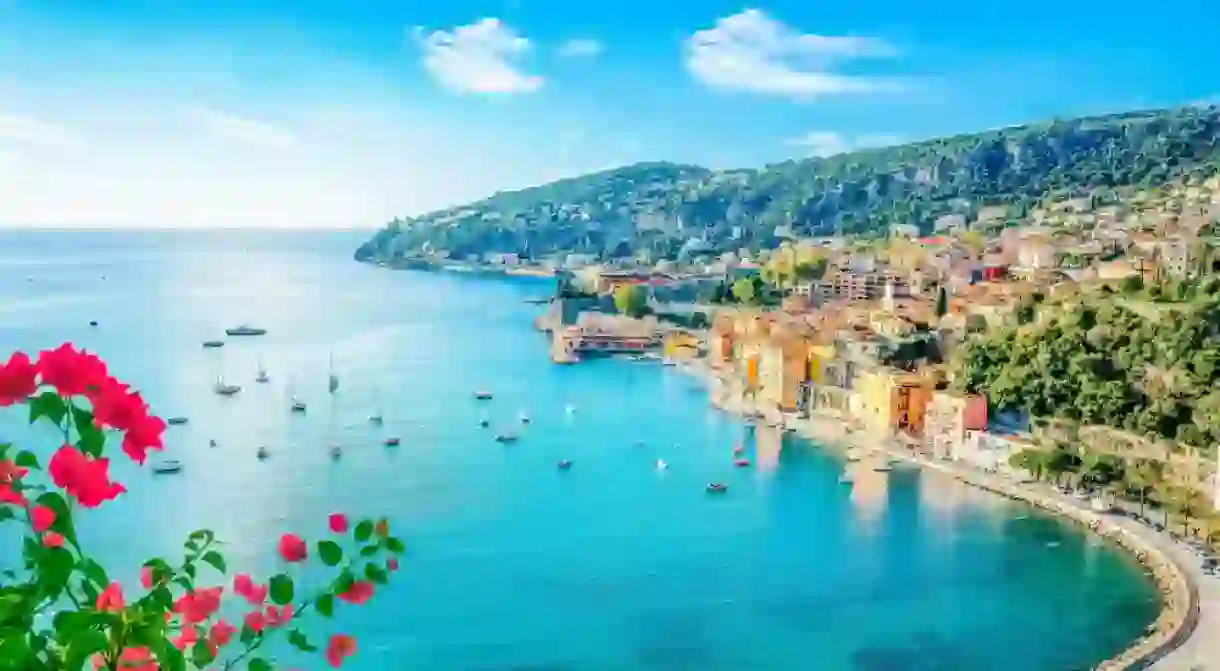 French Riviera beach, France -Villefranche-Sur-Mer next Nice and Monaco at Cote d Azur, Provence - Summer beach vacacions.