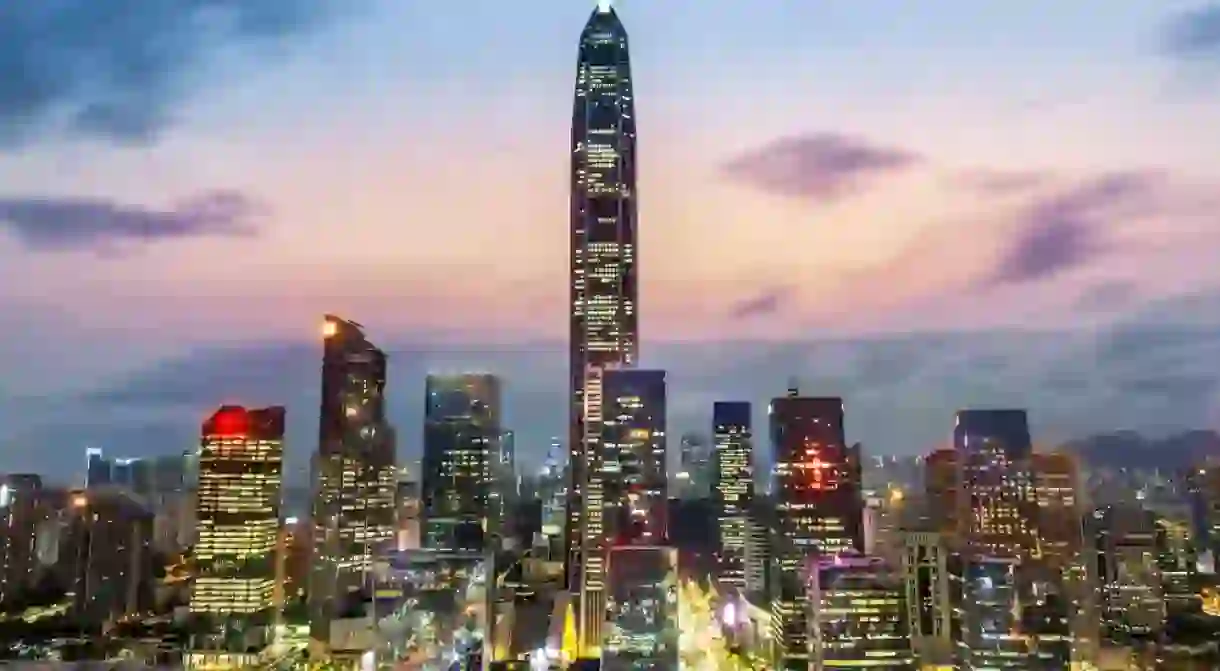 Shenzhen skyline cityscape with skyscrapers in downtown at sunset twilight in Shenzhen, China