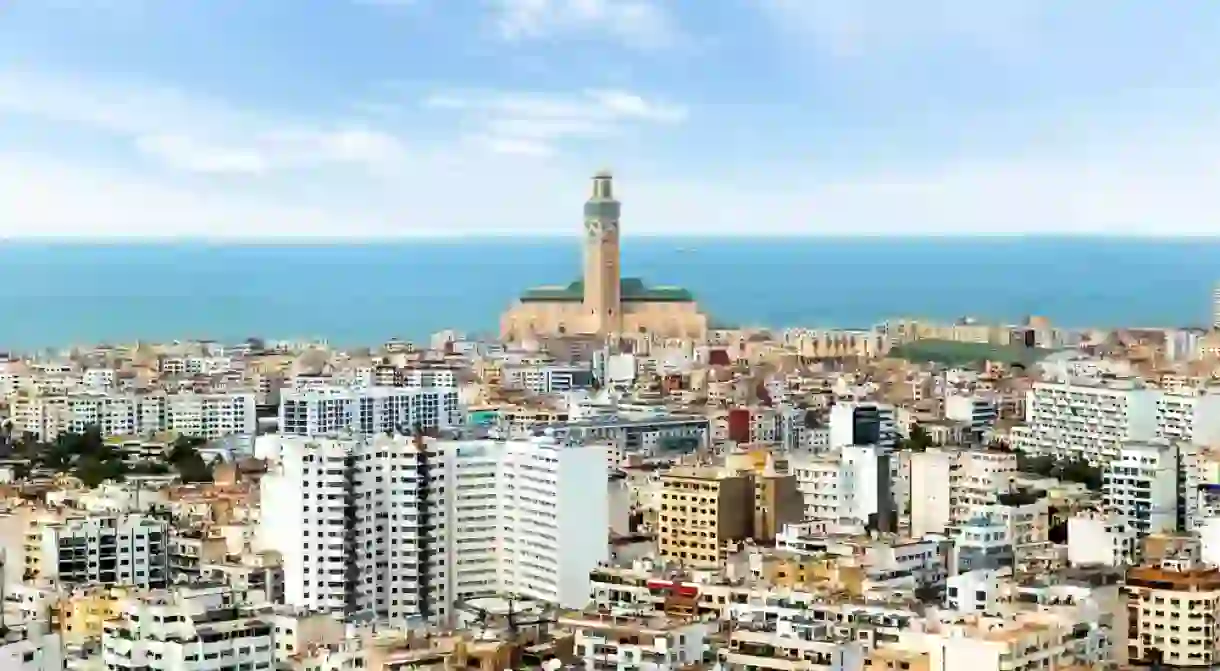 Panoramic aerial view of Casablanca, with Grand mosque Hassan II Mosque and the Atlantic ocean. Casablanca. Morocco