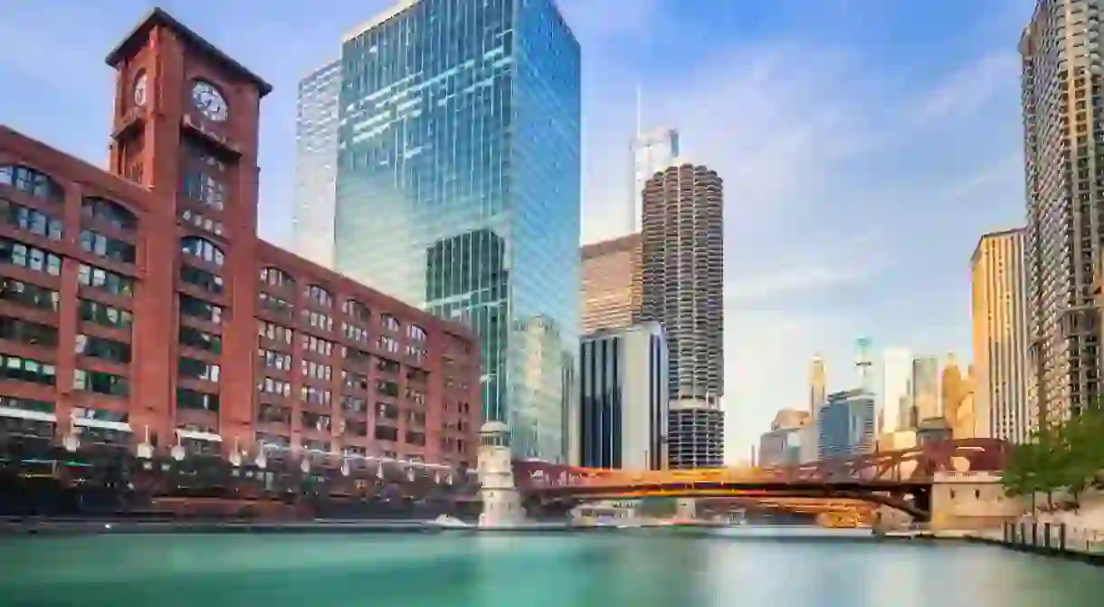 Chicago Downtown Cityscape with Chicago River at Sunset, Illinois