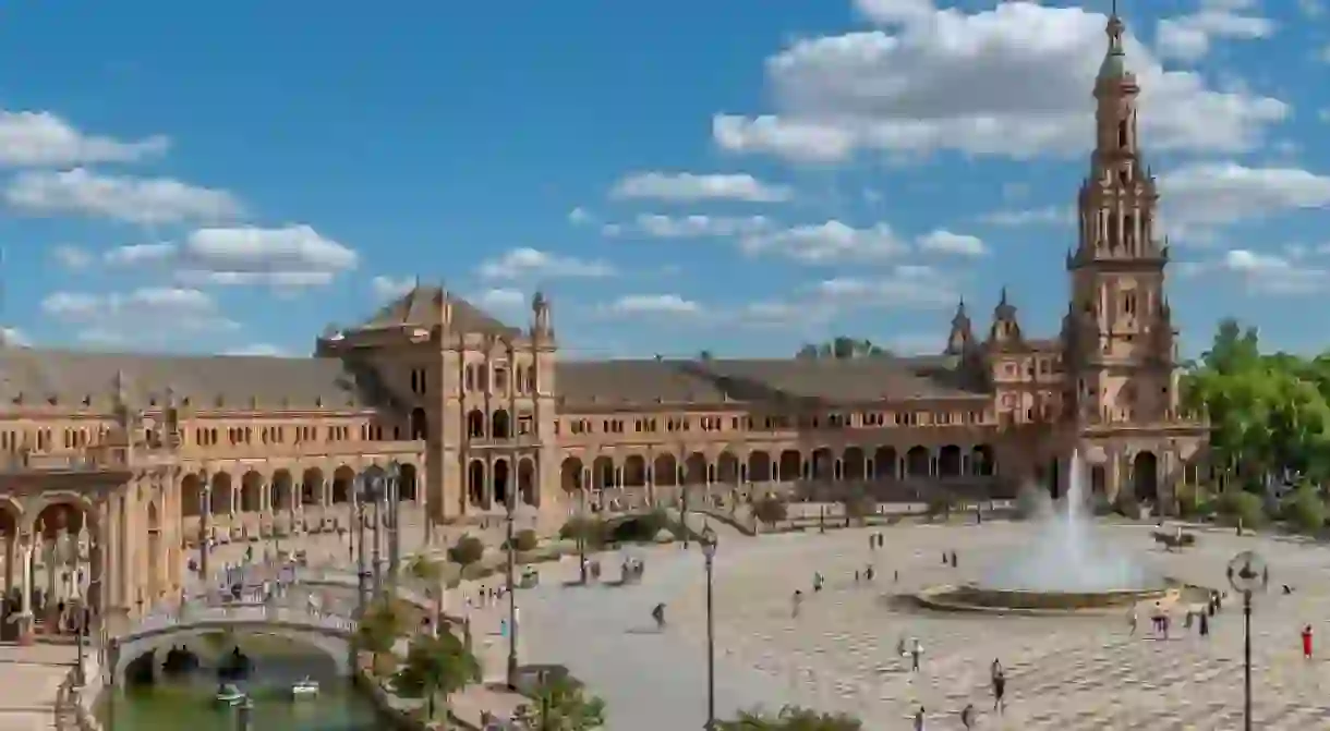 Aerial view of the famous Plaza de España in Seville, Spain, on a sunny day