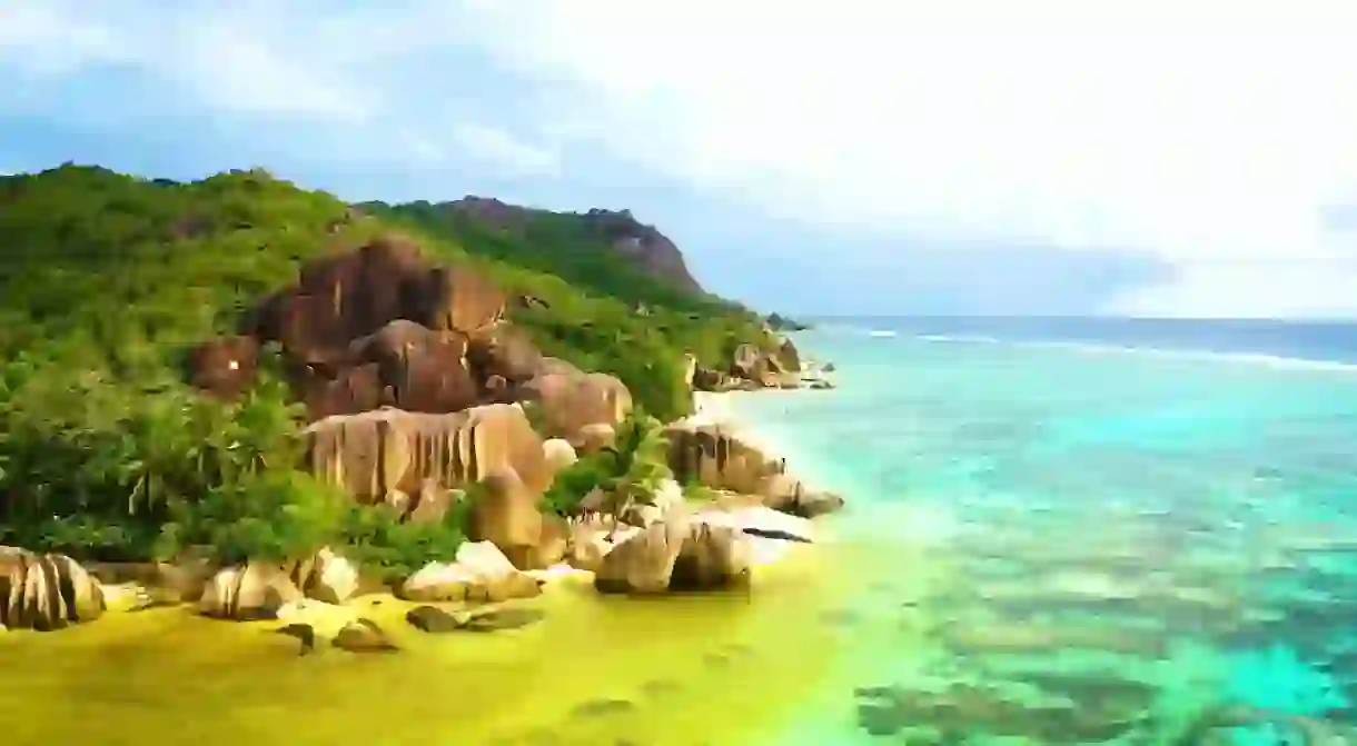 beautiful landscape background of Anse Source dArgent, La Digue Seychelles, tropical beach during a luxury vacation in Seychelles. Tropical beach Anse Source dArgent, La Digue Seychelles