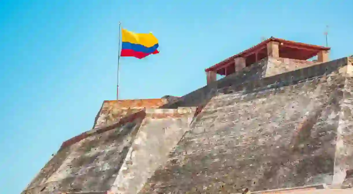 Colombian Flag Waving on Historic Castillo de San Felipe, Cartagena