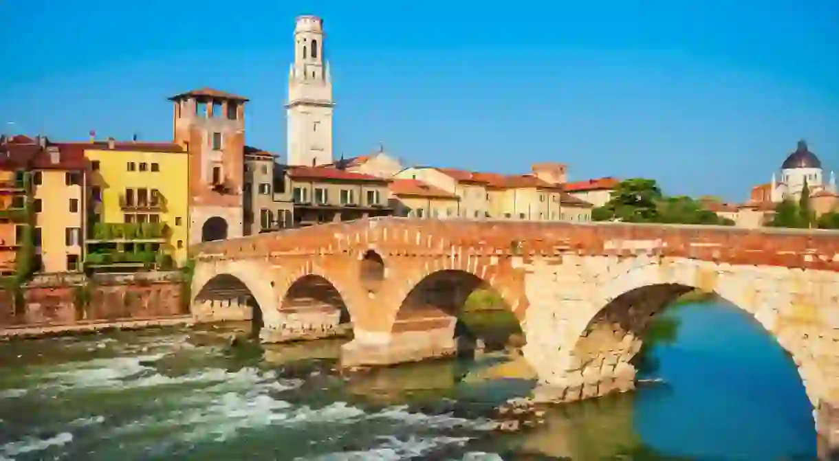 Ponte Pietra bridge is a Roman arch stone bridge crossing the Adige River in Verona, Veneto region in Italy