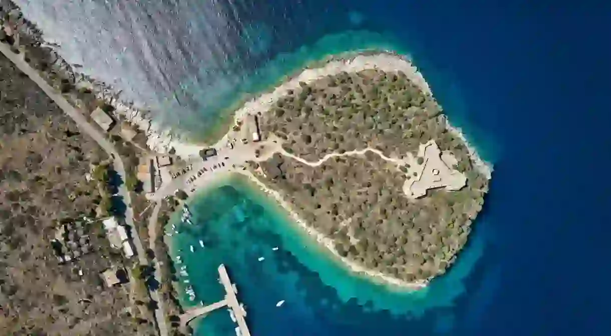 Aerial drone panorama landscape of Porto Palermo Castle