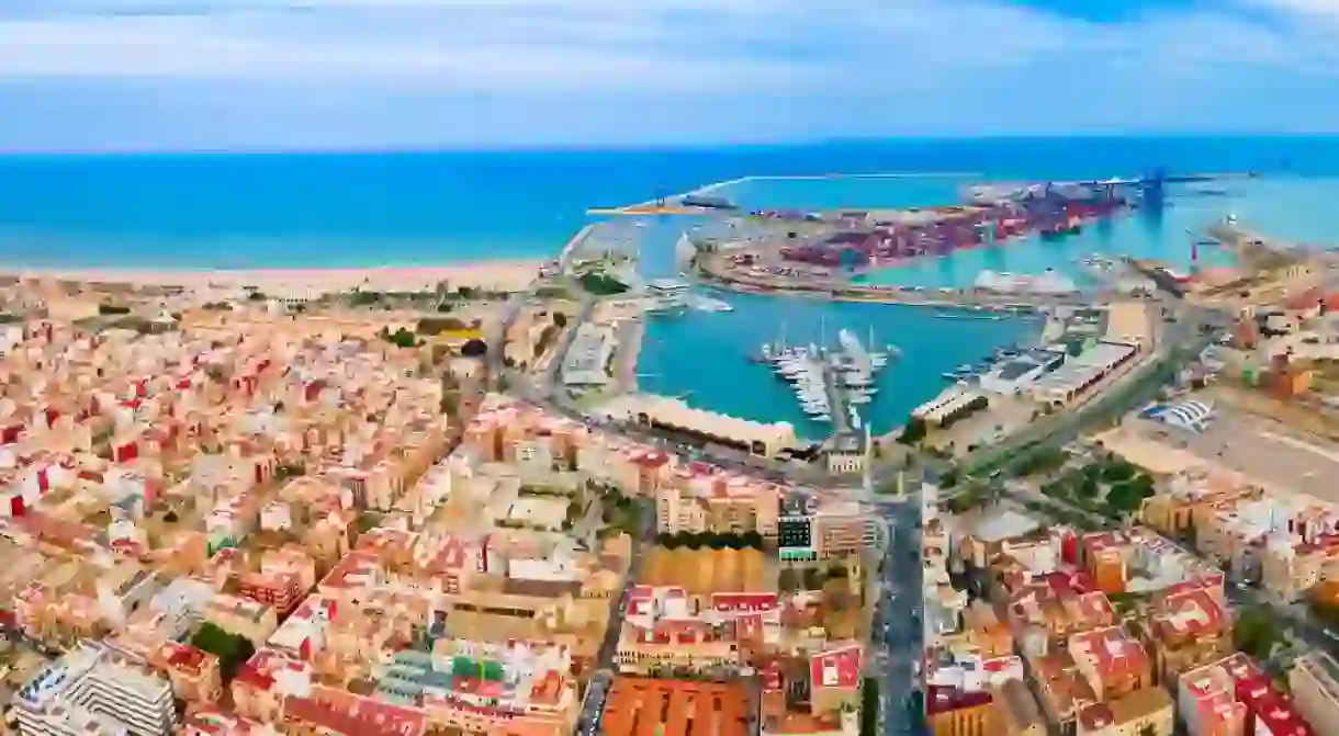 Valencia city port aerial panoramic view. Valencia is the third most populated municipality in Spain.