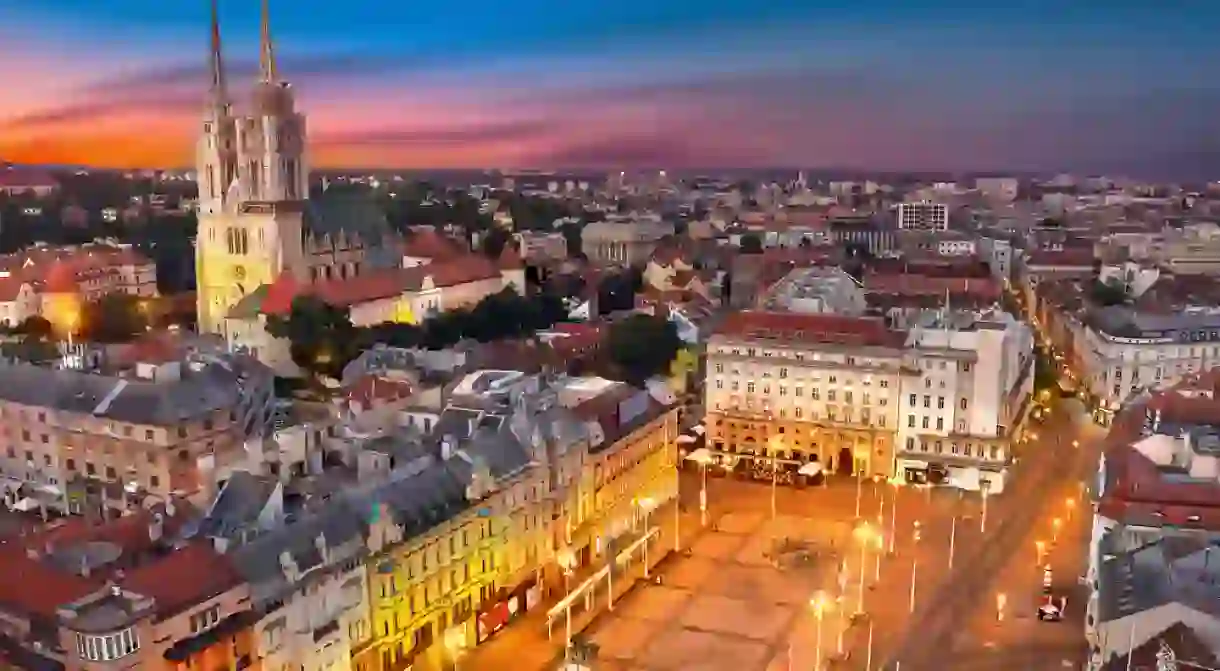 Zagreb Croatia at Sunset. Aerial View from above of Ban Jelacic Square